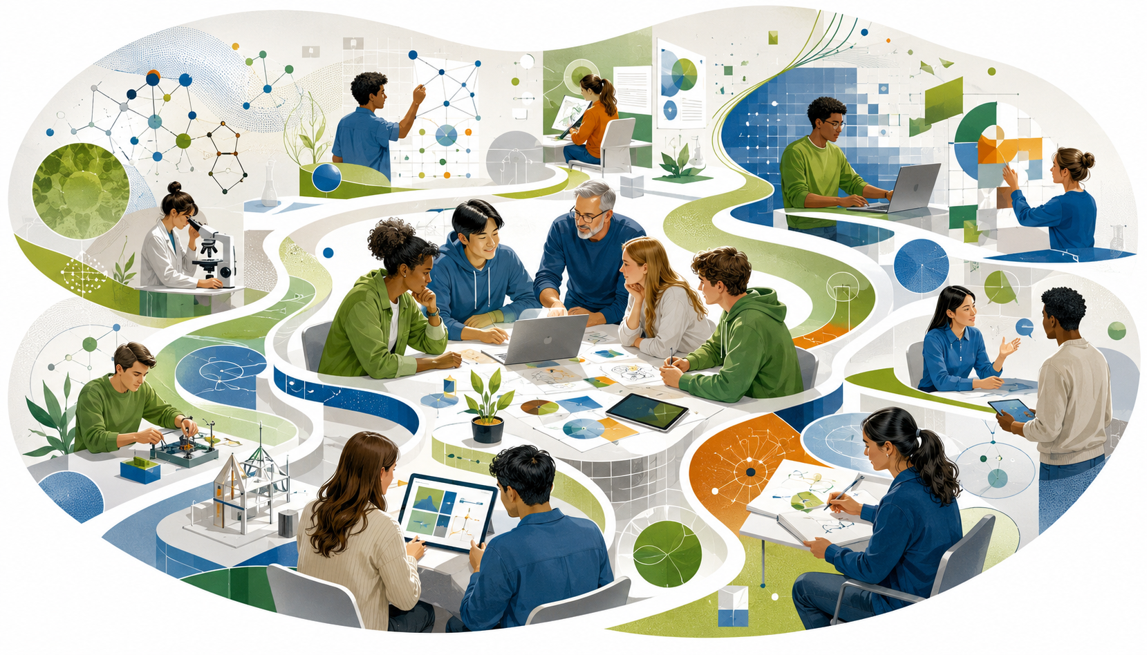 An interconnected learning ecosystem representing STEM, AI, digital creation, design, collaboration, and innovation